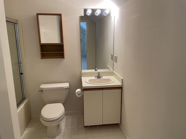 full bathroom with toilet, vanity, tile patterned flooring, shower / bath combination with glass door, and baseboards