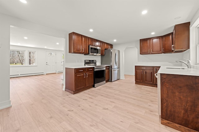 kitchen with light wood-style flooring, arched walkways, appliances with stainless steel finishes, a baseboard heating unit, and a sink