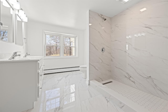 full bathroom featuring toilet, a baseboard radiator, vanity, a marble finish shower, and marble finish floor