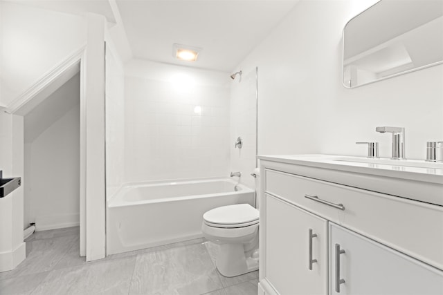 bathroom featuring vanity, marble finish floor, toilet, and tub / shower combination