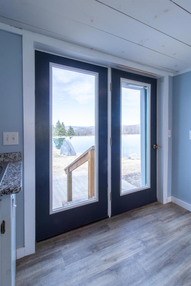 849 Mount Bess Rd, Charleston, VT 05872 - doorway with a water view, plenty of natural light, baseboards, and wood finished floors