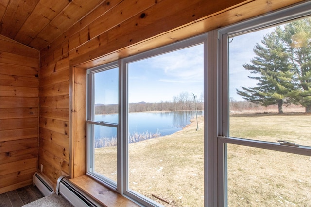 849 Mount Bess Rd, Charleston, VT 05872 - interior space featuring a water view, wood walls, wooden ceiling, and wood finished floors