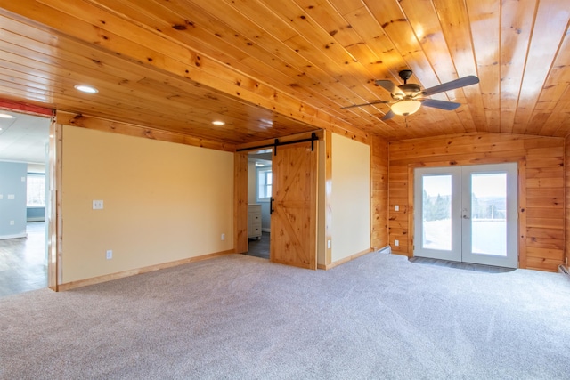 849 Mount Bess Rd, Charleston, VT 05872 - unfurnished room featuring ceiling fan, carpet, vaulted ceiling, wooden ceiling, and french doors