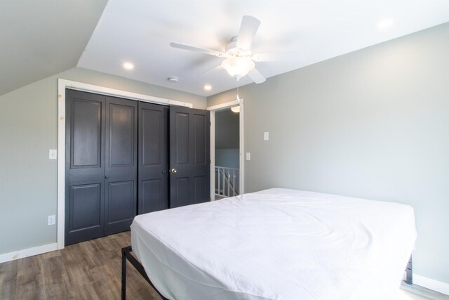 849 Mount Bess Rd, Charleston, VT 05872 - bedroom with ceiling fan, a closet, vaulted ceiling, wood finished floors, and baseboards