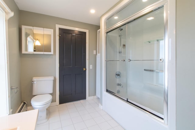 849 Mount Bess Rd, Charleston, VT 05872 - bathroom featuring toilet, a baseboard radiator, vanity, shower / bath combination with glass door, and tile patterned flooring
