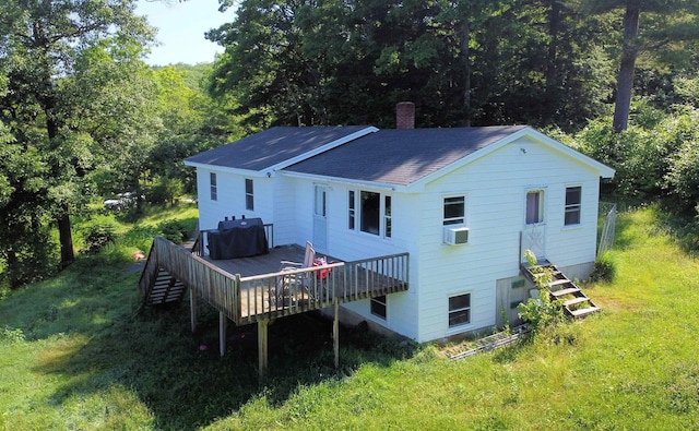 441 Tower Rd, Barnet, VT 05821 - back of house with a chimney, a wooden deck, stairway, roof with shingles, and a yard