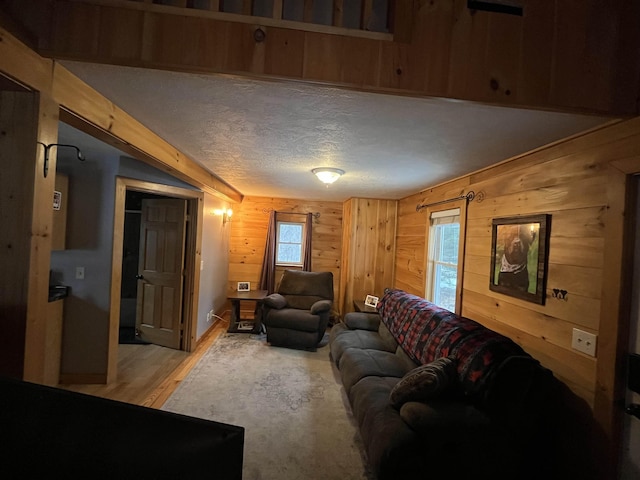 living room with light wood-style flooring, a textured ceiling, wood walls, and a wealth of natural light