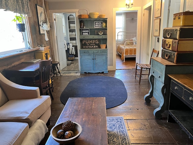 living room featuring dark wood-type flooring and a healthy amount of sunlight