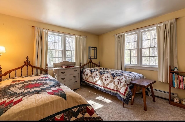 bedroom with baseboard heating and carpet