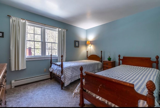 carpeted bedroom featuring a baseboard radiator