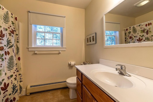 bathroom with vanity, baseboard heating, curtained shower, toilet, and tile patterned floors