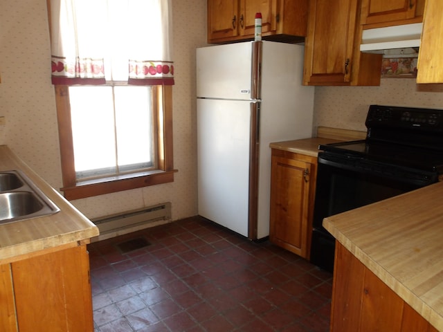 kitchen with under cabinet range hood, a baseboard heating unit, light countertops, black electric range oven, and wallpapered walls