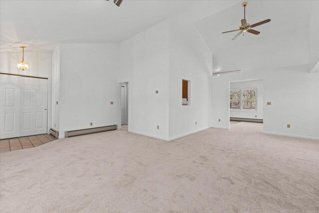 1 Pine Grove Ter, Winooski, VT 05404 - unfurnished living room with high vaulted ceiling, carpet flooring, a baseboard radiator, and ceiling fan