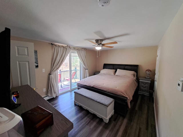 bedroom featuring access to exterior, a ceiling fan, and dark wood finished floors