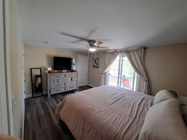 bedroom with a ceiling fan, dark wood-style flooring, and baseboards