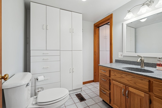 bathroom with visible vents, toilet, tile patterned flooring, and vanity