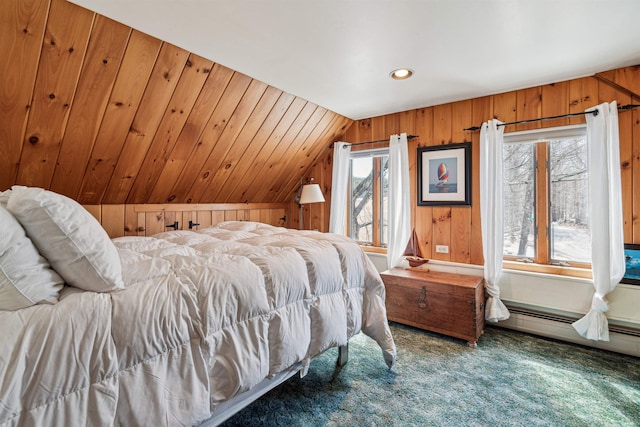 bedroom with wood walls, vaulted ceiling, carpet, and recessed lighting
