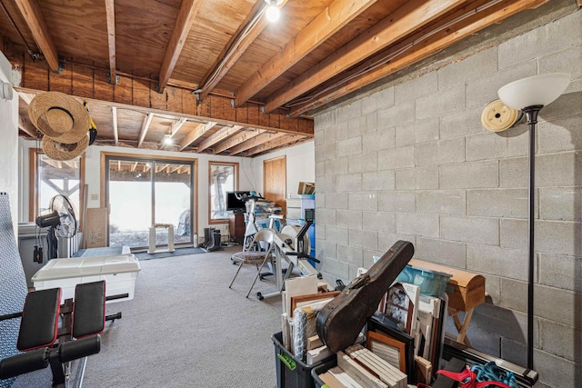 exercise room featuring carpet and concrete block wall