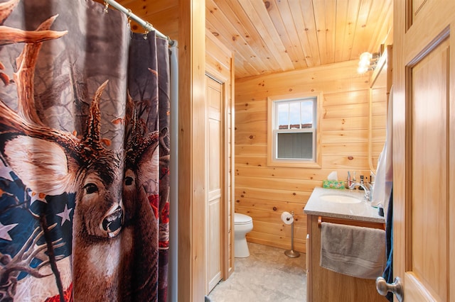 full bath with a shower with shower curtain, vanity, wooden walls, toilet, and wood ceiling