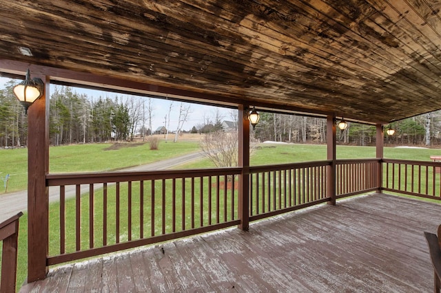 wooden terrace featuring a yard