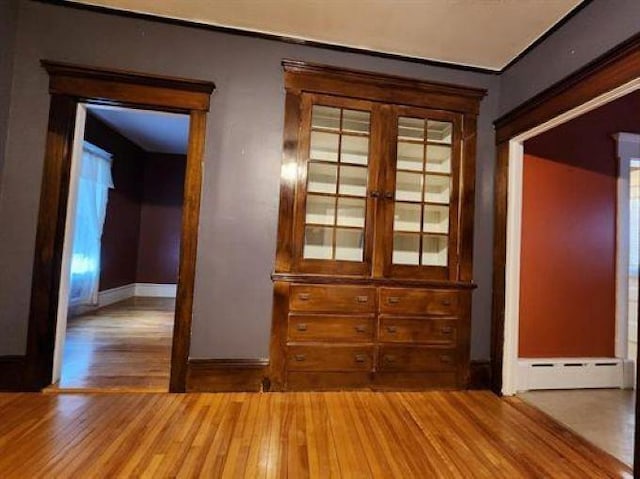 interior space with baseboards, wood finished floors, and baseboard heating
