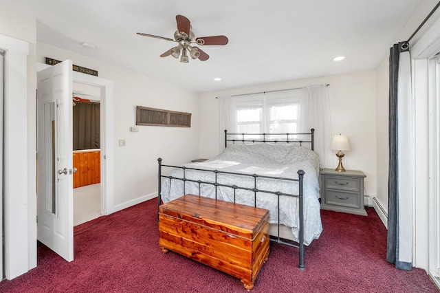 12 Wildwood Rd, Gilford, NH 03249 - carpeted bedroom featuring recessed lighting, a baseboard heating unit, baseboards, and ceiling fan
