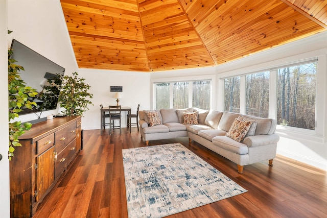 12 Wildwood Rd, Gilford, NH 03249 - living room featuring lofted ceiling, wooden ceiling, and wood finished floors