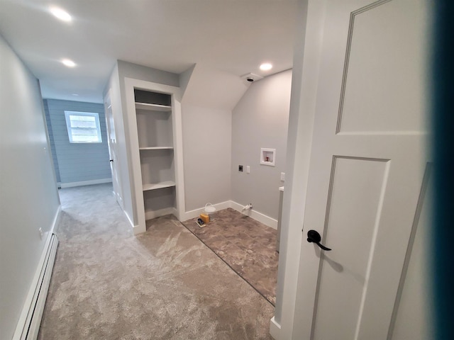 1761 US Route 2, East Montpelier, VT 05651 - clothes washing area featuring a baseboard heating unit, electric dryer hookup, recessed lighting, washer hookup, and carpet