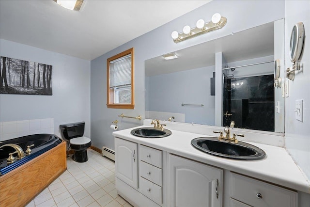 bathroom featuring a sink, walk in shower, tile patterned flooring, and baseboard heating