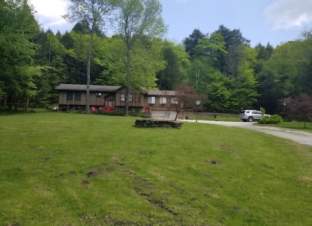 view of green lawn with a wooded view