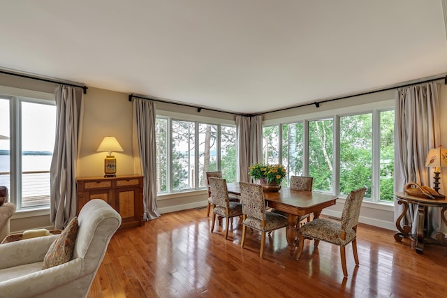 dining space with light wood finished floors and baseboards