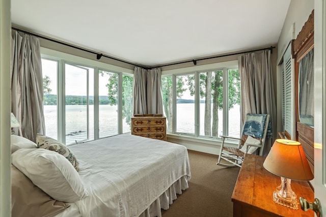 bedroom with a water view and dark carpet