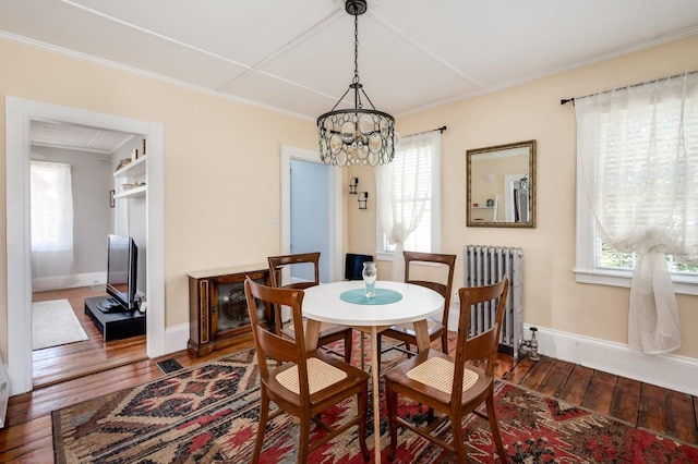 dining space with a wealth of natural light, a notable chandelier, hardwood / wood-style floors, and radiator
