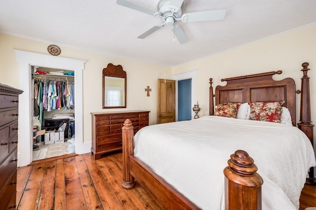 bedroom featuring crown molding, ceiling fan, a closet, a spacious closet, and wood-type flooring