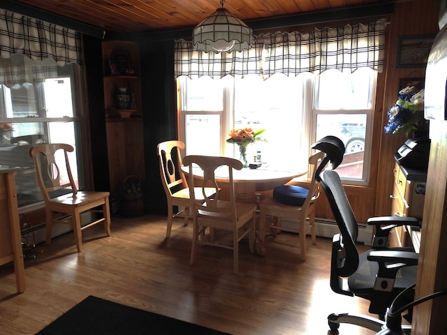 dining space featuring wooden ceiling and wood finished floors