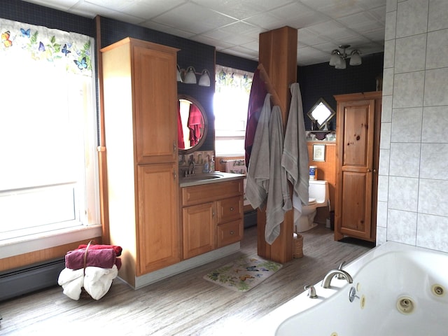 full bathroom featuring a jetted tub, vanity, toilet, and wood finished floors