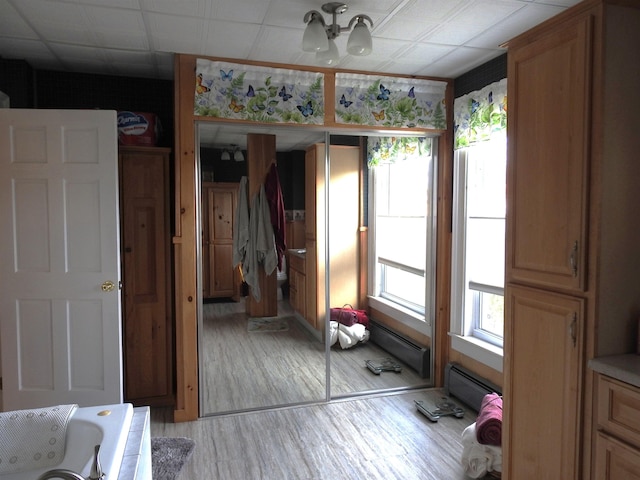 interior space with light wood-type flooring and a baseboard radiator