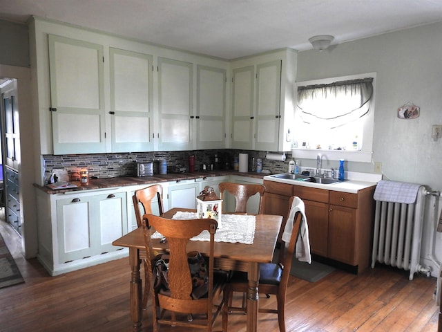 kitchen featuring a sink, backsplash, radiator heating unit, and wood-type flooring