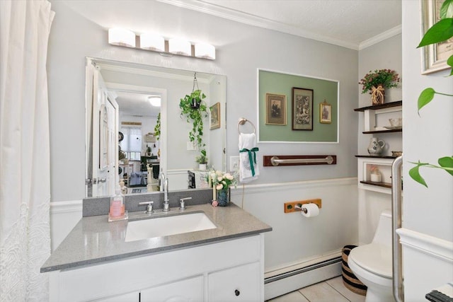 117A Chases Grove Rd, Derry, NH 03038 - bathroom with vanity, a baseboard heating unit, ornamental molding, tile patterned flooring, and toilet