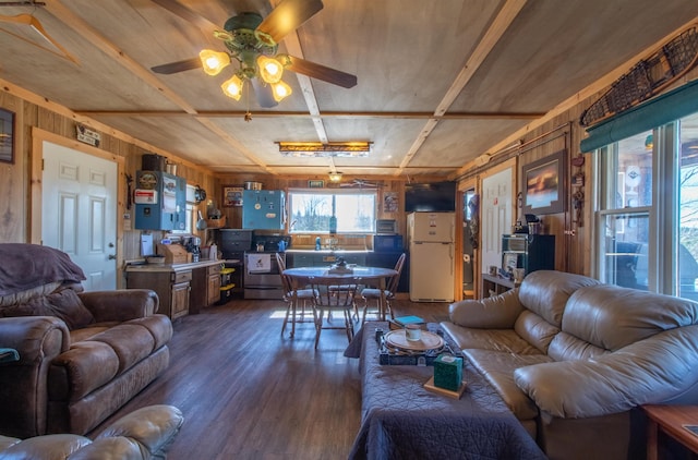 195 Curtis Rd, Morgan, VT 05853 - living room with dark wood-style floors, ceiling fan, and wood walls