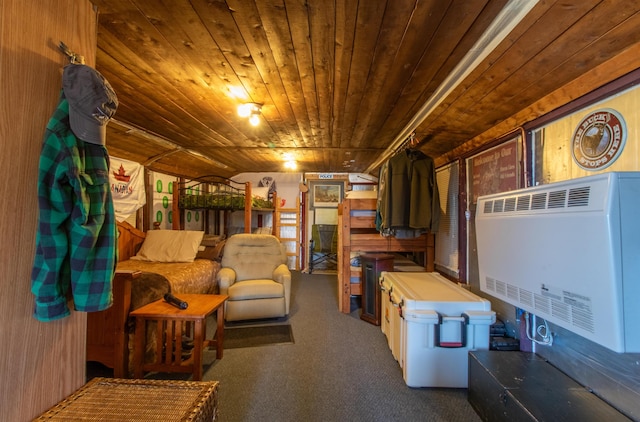 195 Curtis Rd, Morgan, VT 05853 - living area featuring wooden ceiling, carpet floors, and heating unit