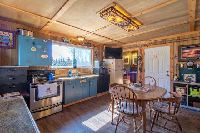 195 Curtis Rd, Morgan, VT 05853 - kitchen featuring appliances with stainless steel finishes, dark wood-style flooring, and wood walls