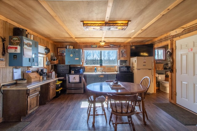 195 Curtis Rd, Morgan, VT 05853 - dining area featuring wood walls, dark wood-style floors, and plenty of natural light