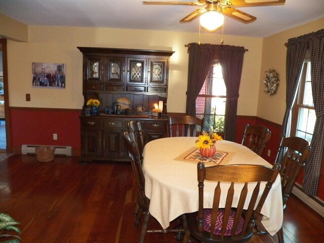 168 Bolton Rd, Winchester, NH 03470 - dining space with baseboard heating, ceiling fan, a wainscoted wall, and wood finished floors
