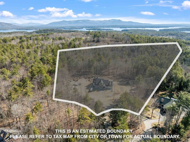 drone / aerial view featuring a view of trees and a mountain view