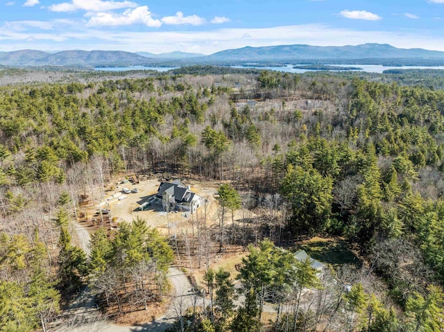 bird's eye view with a forest view and a mountain view