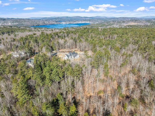 aerial view with a wooded view and a water and mountain view