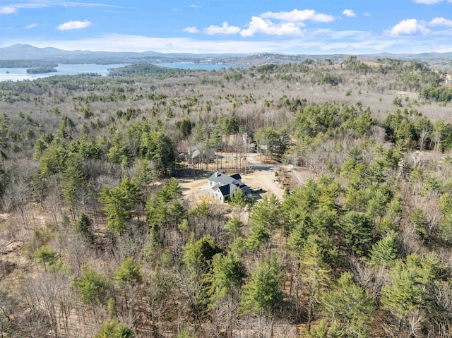 aerial view with a water and mountain view and a forest view