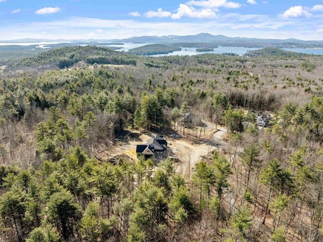 aerial view featuring a wooded view and a water and mountain view