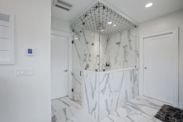 full bath featuring a marble finish shower, visible vents, recessed lighting, and marble finish floor